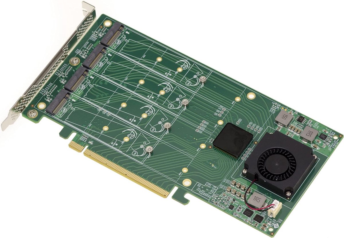 M2 PCIe x16-controllerkaart voor 4 M.2 NVMe M Key SSD's met PLX PEX 8747-32GB chipset voor elke SSD, 128G in totaal.