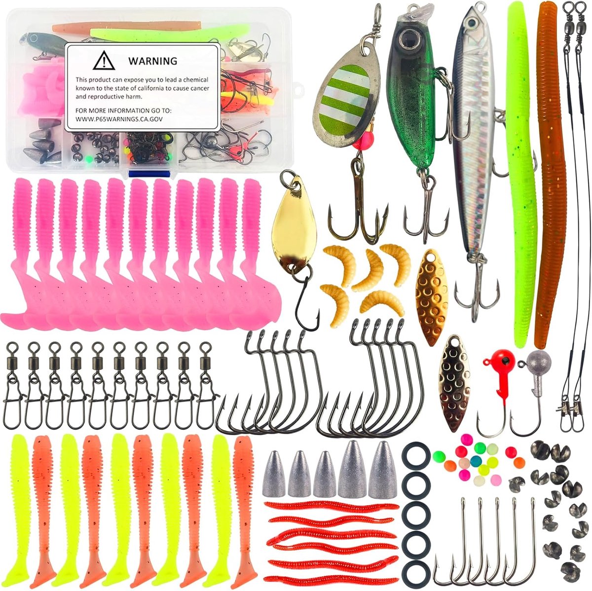 Visaasset met tackle box, 114 stuks vissen, zacht hard aas voor zoet water, zout water, visaccessoires, rubberen vissen, forelaas, snoekbaars, vishaken, complete hengelset