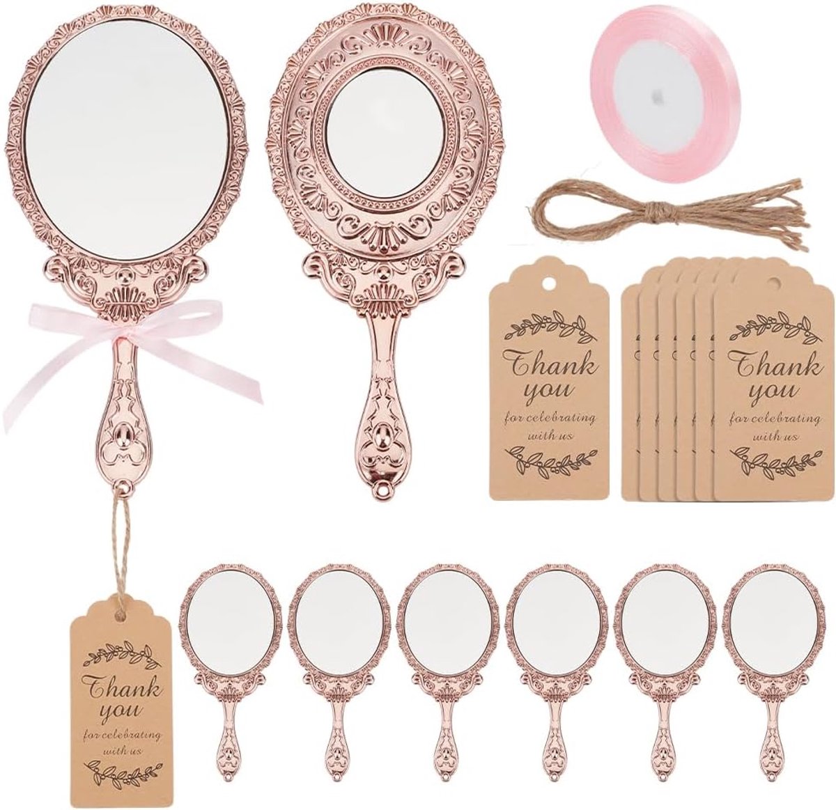 PandaHall Vintage handspiegel, 8 sets dubbelzijdige handspiegel, roségoud, compacte spiegels, make-upspiegels met lint en bedankjes voor feestartikelen, bruiloft, verjaardag, gast, terug, reizen