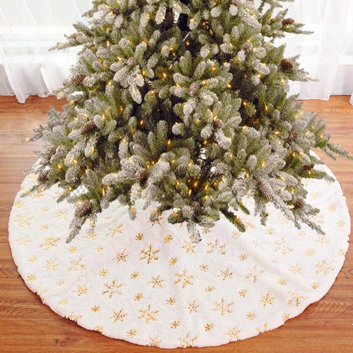 Tapijt voor kerstboom, diameter 78 cm, van zacht pluche, wit, sneeuweffect met sneeuwvlokdecoratie, kerstdecoratie (goud)