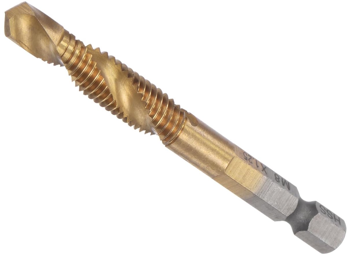 Schroefdraadmaat M8 x 1,25 zeskantschacht 1/4 inch hogesnelheidsstaal titanium gecoat - (Toepassingen: aluminium roestvrij staal lang)