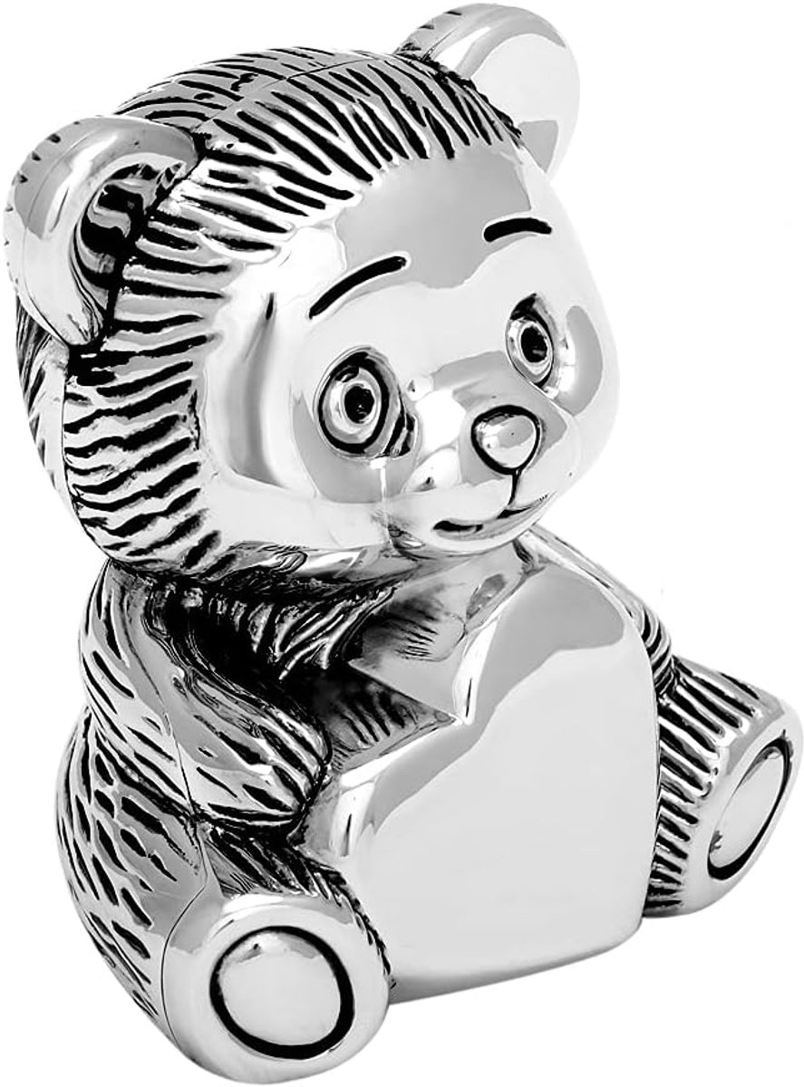 Spaarpot teddybeer met hart incl. naam gravure geldoos van metaal verzilverd aanslagvrij beertje spaarpot met persoonlijke boodschap