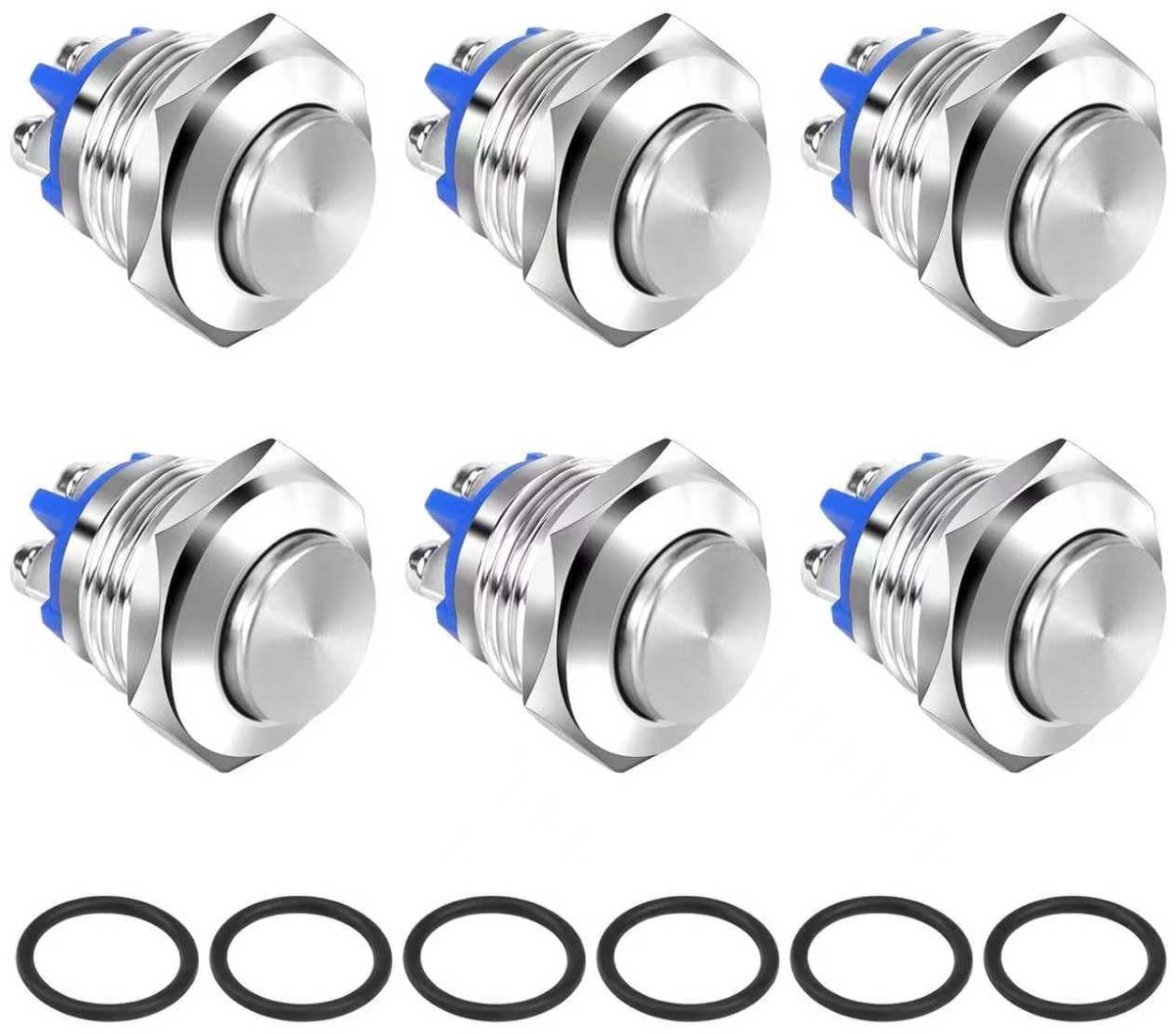6 stuks ronde knop, roestvrij staal waterdichte knop 16 mm momentane drukschakelaar startknop drukknop 2A 12V 24V 36V voor deurbel hoorn auto (uitsteekbaar)