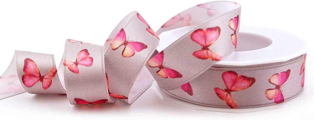 Vlinder, lichtgrijs/roze, 20 m x 25 mm, taupe, satijnen lint, cadeaulint, lint vlinder