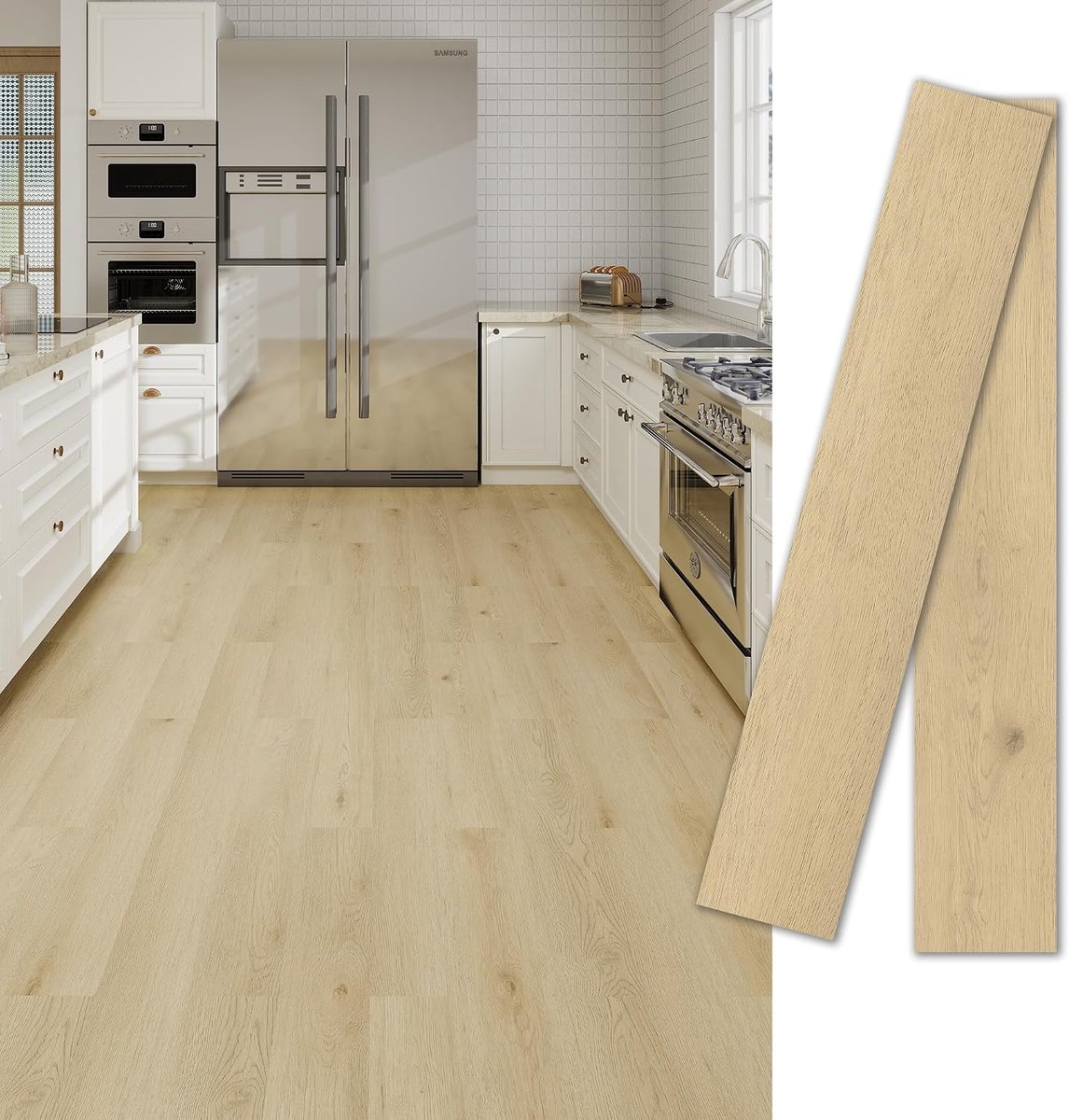 Zelfklevende laminaatvloer, lichtbruin, 5,02 m², realistische houtlook, waterdicht en op maat te snijden, 36 planken (15,24 x 91,44 cm) voor vochtige ruimtes en woonruimtes