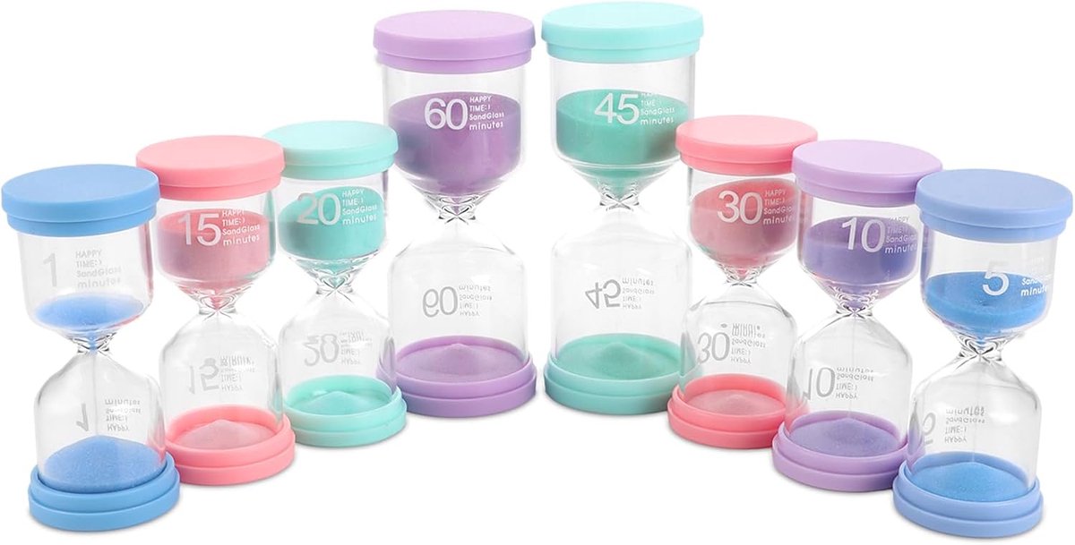 8 stuks zandloperset, 6 kleuren zandloper, 1/5/10/15/20/30/45/60 minuten zandloperset voor kinderen, keuken, kantoor, speeltiming (macaronkleur)