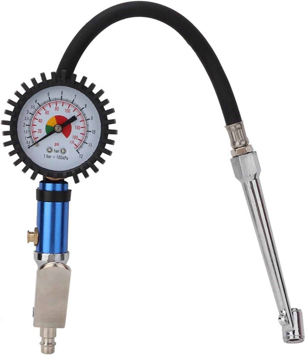 Bandenpomppistool - Bandenspanningsmeter - Bandenspanning controleren - Zelfklemmende koperen kop - 0-12 Bar - Zilver