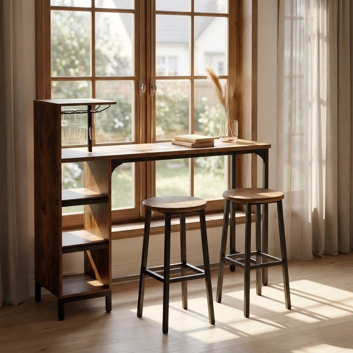 Bealife TB32 Bartafel met Barkrukken - Eettafel met wijnglazenhouder – 120 × 40 × 90 cm – Bruin