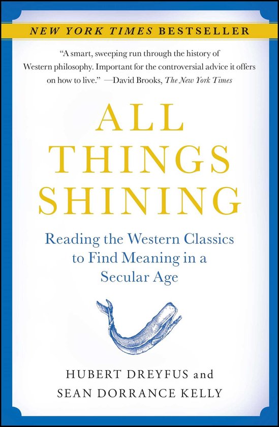 Boek 'All Things Shining: Reading the Western Classics to Find Meaning in a Secular Age' met blauwe walvis illustratie.
