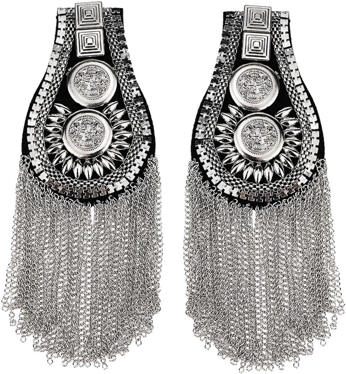 2 Stuks Mode Kwastje Schouder Badge Unisex Klinknagel Epaulet Metalen Punk Accessoires voor Kostuum en Uniform met Afneembare Fringe Chain voor Mannen en Vrouwen