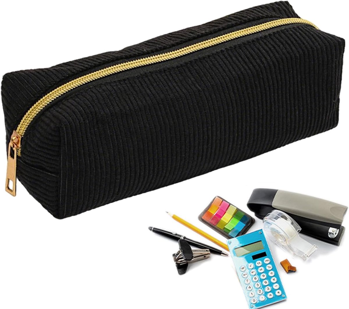 Pennenetui - Opbergmap - Spullen Organiseren - Elegant corduroy design - 20 cm - Zwart