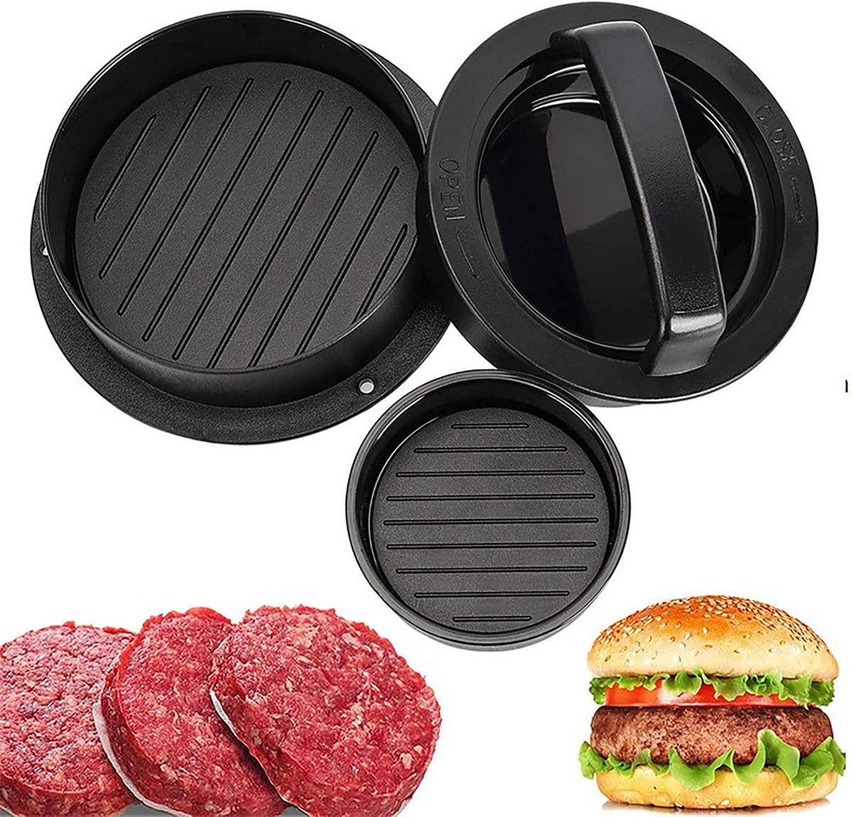 Vlees Compactor Set - Burger Pers - Vlees Bereiden - Drie-in-één Ontwerp - 12.5 cm - Zwart