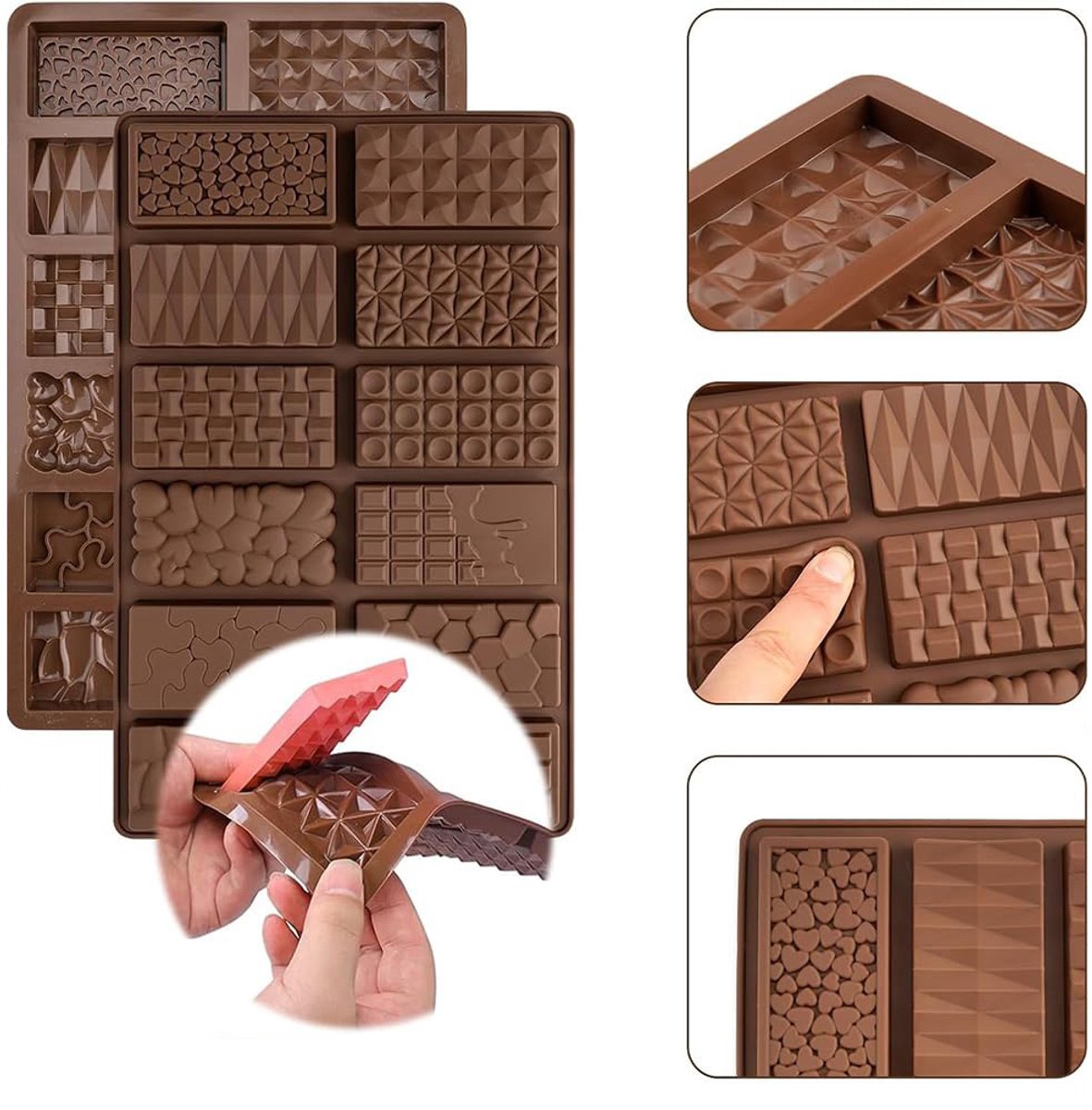 Chocoladevormen - 2 chocoladevormen - 1 witte schraper - Geschikt voor het maken van gevulde Dubai chocoladerepen, chocoladesticks, koekjes of snoepjes - Eetbare siliconen - Chocolade bakvormen - 27,4*17*1,1 cm - Set van twee