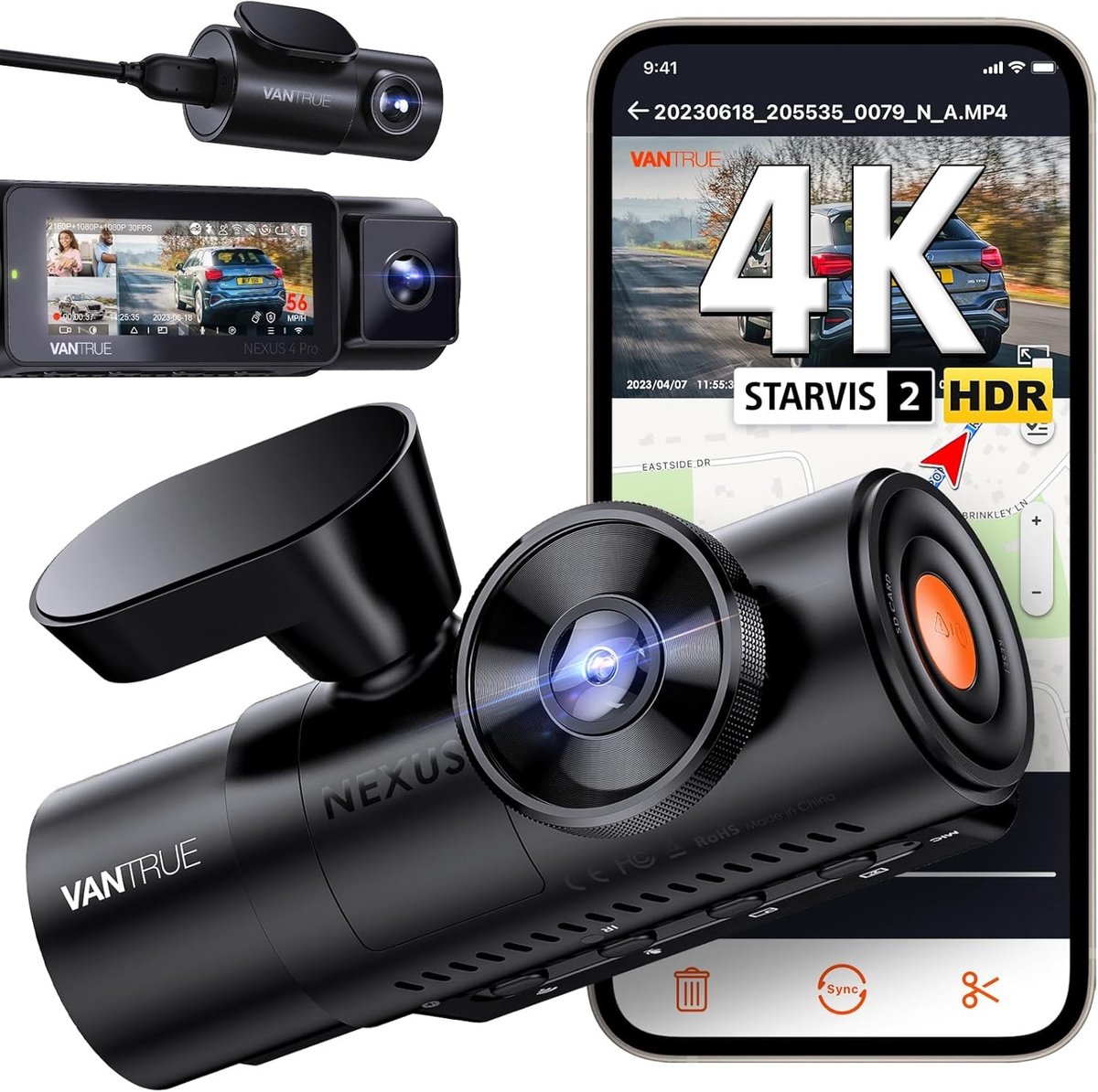 Dashcam - 4K + 1080P + 1080P - 3 Camera's - Nachtzicht - Voor Auto's
