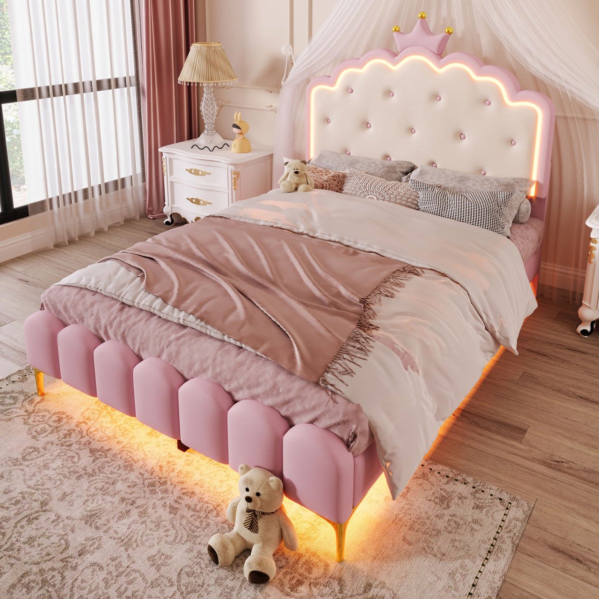 MEUNIQ Polsterbed 140x200 cm met lattenbodem, LED-verlichting en kroonvormig hoofdbord, zonder matras, roze kunstleer bed voor kinderkamer
