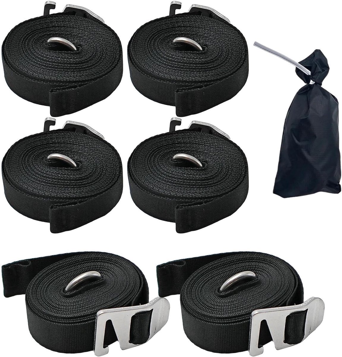 Luifel Spanbanden - Bevestigingskoorden Trekriemen - Kamperen en Reizen - Verdikt Nylon Aluminium - 2x 5m 4x 3m - Zwart