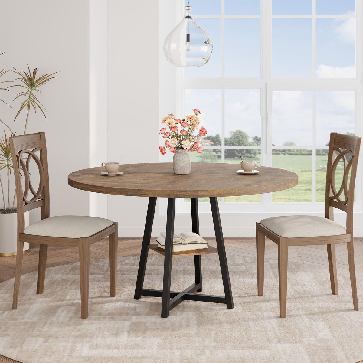 Ronde Eettafel met Opbergrek - Stevig Metalen Onderstel - 120x120x75cm - Industrieel Rustiek Tafelblad - Ruimtebesparend - voor 4-6 Personen - Voor Woonkamer Eetkamer Appartement - Bruin