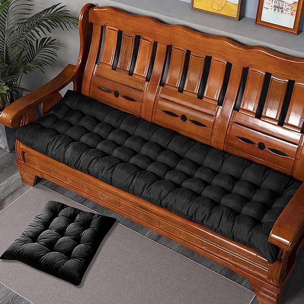 Dikke Zitkussens - Bankkussen Tuinkussen - Buiten Ontspannen - 8cm Dik Comfort - 170x55cm - Zwart
