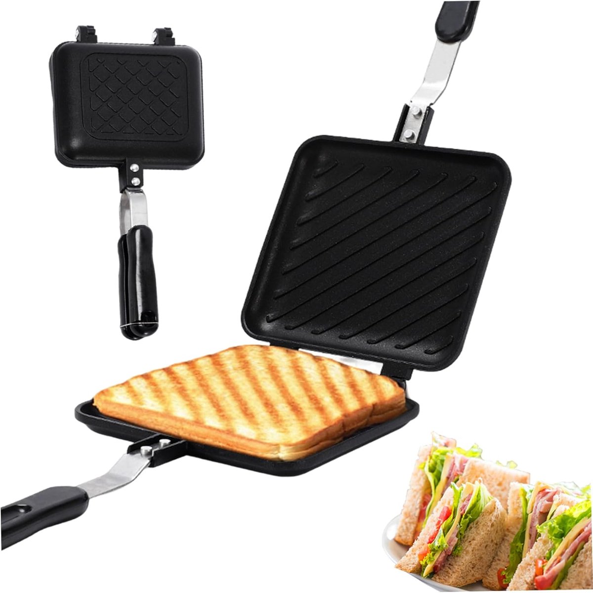 Sandwich Maker - Tosti IJzer - Ontbijt Maken - Dubbelzijdig Roosteren - 36x15 cm - Zwart