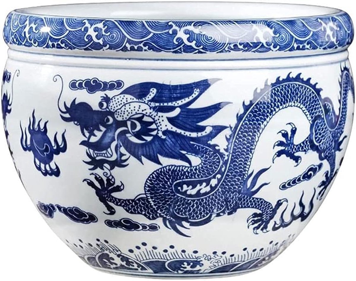 Keramische Pot - Bloempot Plantenbak - Planten Binnen Zetten - Zonder Drainage Gaten - 18.5x13.5cm - Blauw Groen Wit