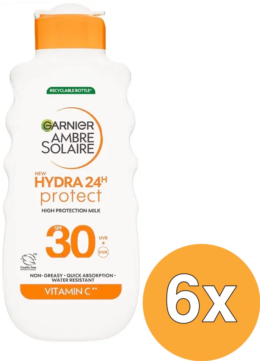 6x Garnier Ambre Solaire Hydra 24 Zonnemelk SPF 30 (175 ml)