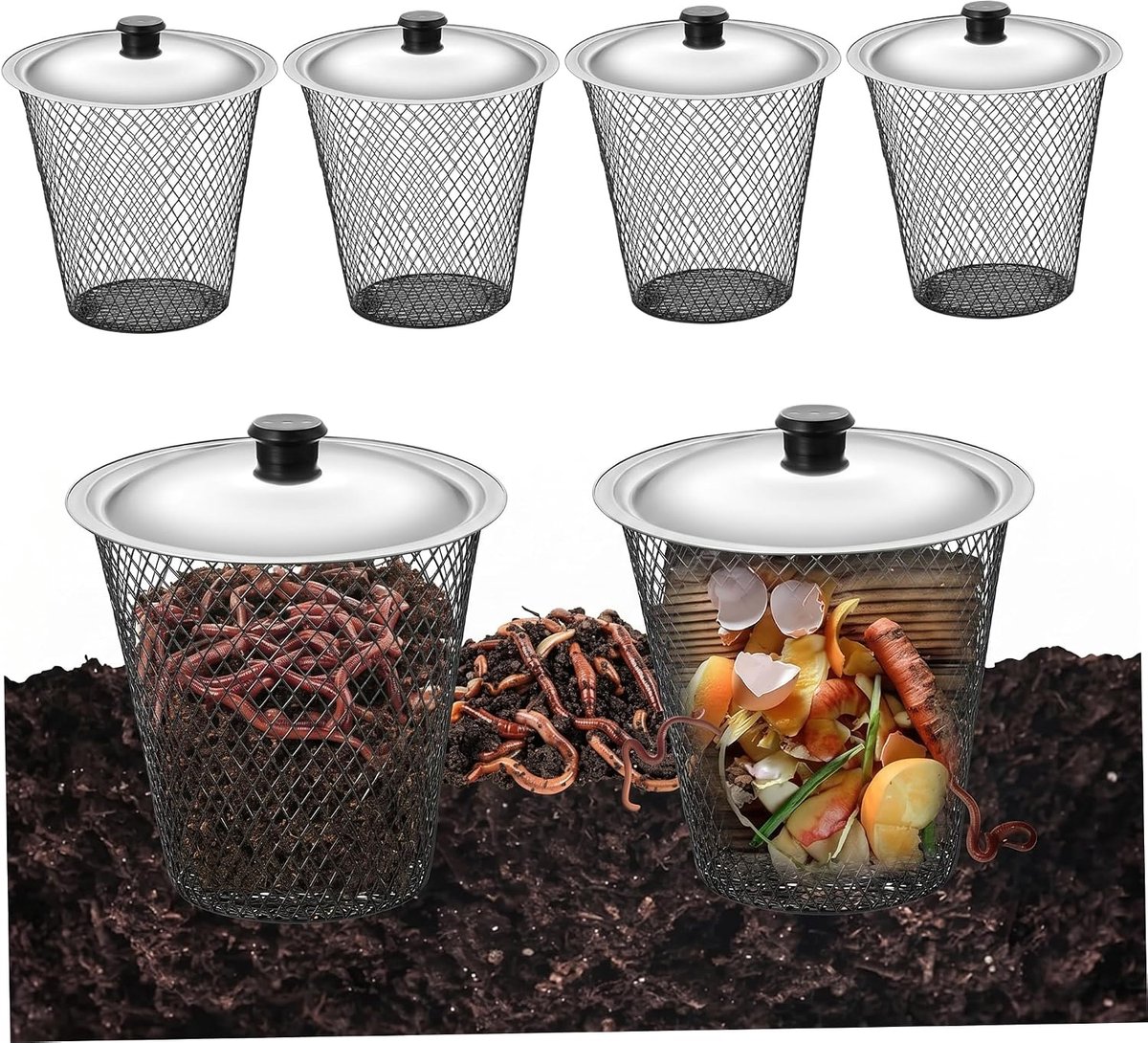 Worm Toren Set - Compostbakken - Buiten Composter - Metalen Mesh Structuur - 4 Stuks - Zwart