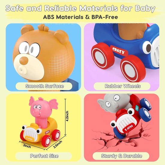 Druk en Rijd Speelgoedauto's voor Peuters 1-3 Jaar - Dieren Thema Raceauto's - Baby Speelgoed voor 6 tot 18 Maanden - Leuke Press-and-go Autootjes - Perfect Cadeau voor 1-2 Jarigen - Voor Jongens en Meisjes van SKIEHAN — afbeelding 5