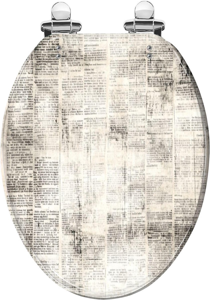 Langwerpige Toiletbril - Hars Deksel - Badkamer Vernieuwen - Soft Close Scharnieren - 185 Inch - Vintage Krant
