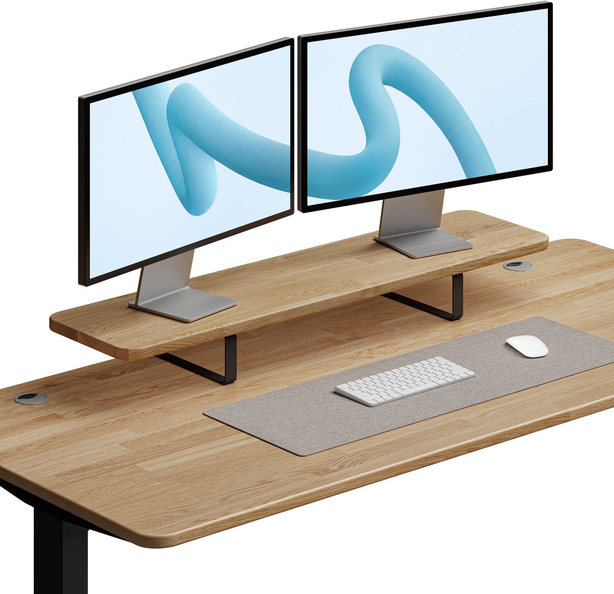 Desktronic Monitorstandaard 2 Schermen Zwart/Massief Eiken - Monitor Verhoger Hout - 114 x 28 cm