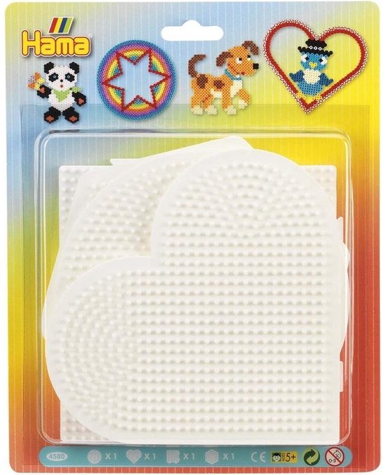 Plaques Hama pour perles à repasser en forme de cœur, avec exemples de panda, arc-en-ciel, chien et oiseau.