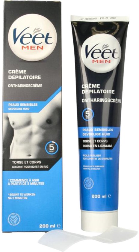 Veet Men ontharingscrème voor gevoelige huid. Zilveren tube van 200ml met blauwe en zwarte details. Doos met torso.