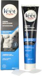 Veet Men ontharingscrème voor gevoelige huid. Zilveren tube van 200ml met blauwe en zwarte details. Doos met torso.