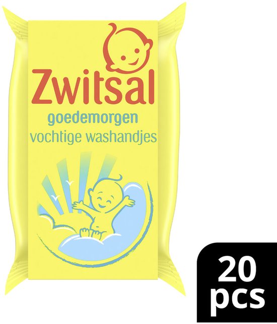 Verpakking Zwitsal vochtige washandjes, 'goedemorgen', met afbeelding van baby en zon.