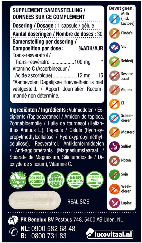 Achterkant verpakking met ingrediëntenlijst en voedingswaarden.