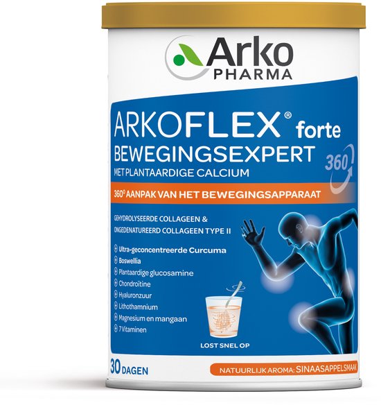 Blauwe pot met "Arkoflex forte" en afbeelding van een hardlopende man.