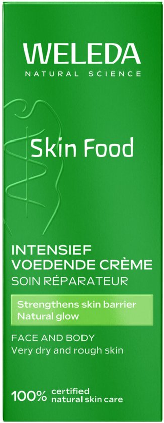 WELEDA Skin Food verpakking, groene doos. "Intensief voedende crème, versterkt huidbarrière, natuurlijk gloed. Gezicht en lichaam. Zeer droge en ruwe huid."