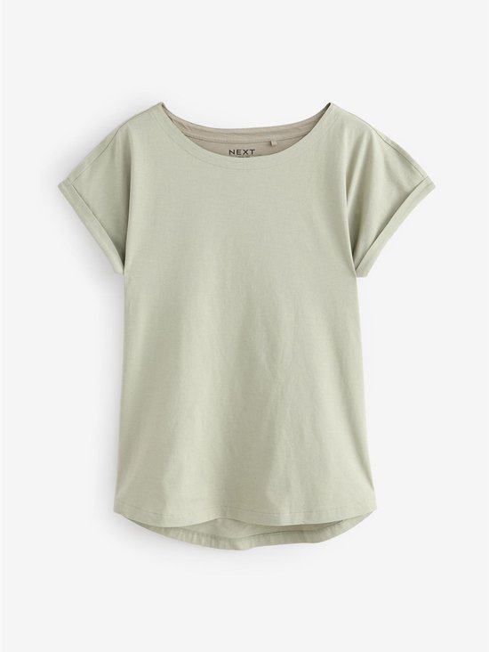 Lichtgroen T-shirt met korte opgerolde mouwen en ronde hals.