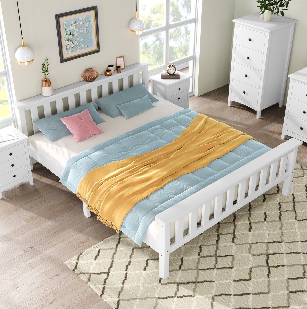 MEUNIQ tweepersoons bedframe 140 x 200 cm met lattenbodem, hoofdbord en voetbord, grenen en MDF, wit, normaal bed voor slaapkamer zonder matras