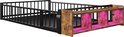 Zwart metalen kinderbed met houten hoofdeinde met opbergvak en roze LED-verlichting.