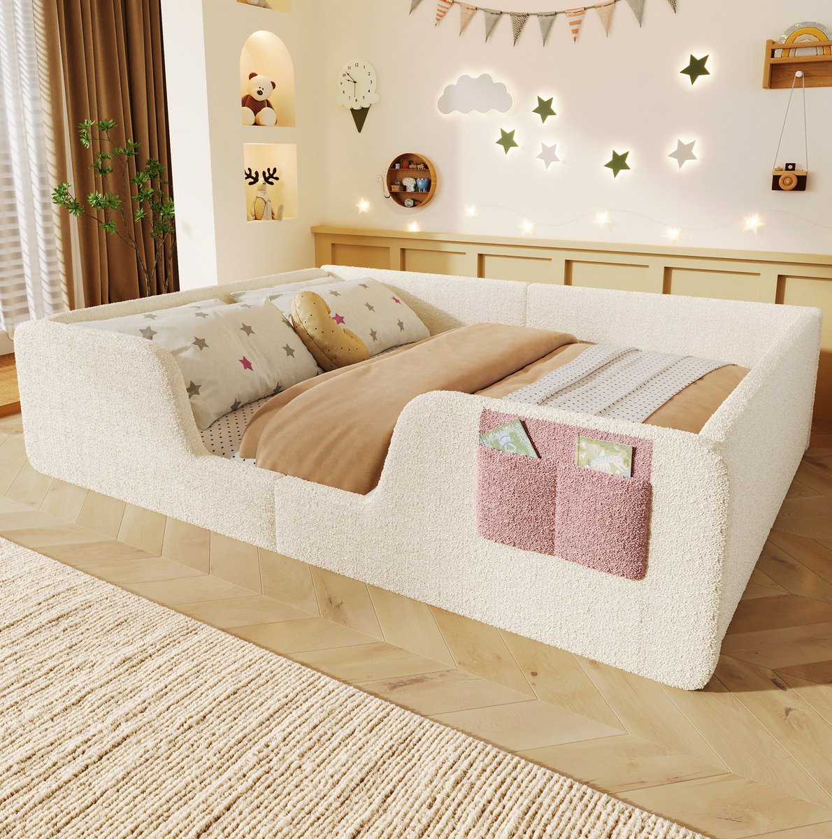 MEUNIQ Gestoffeerd kinderbed 140 x 190 cm met afneembare veiligheidshekken, opbergtas en lattenbodem, bedframe voor kinderkamer, beige