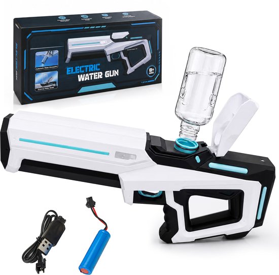 Wit en zwart elektrisch waterpistool, met opzetbare fles, USB-kabel en batterij. Verpakt in doos.