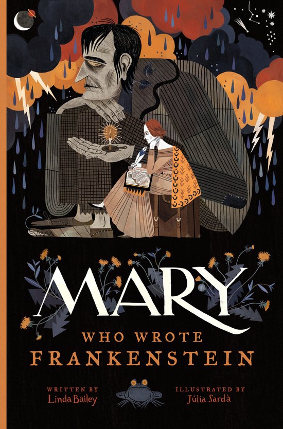 Boekcover met illustratie van een man en een vrouw die schrijven in een stormachtige omgeving. Titel: Mary Who Wrote Frankenstein.