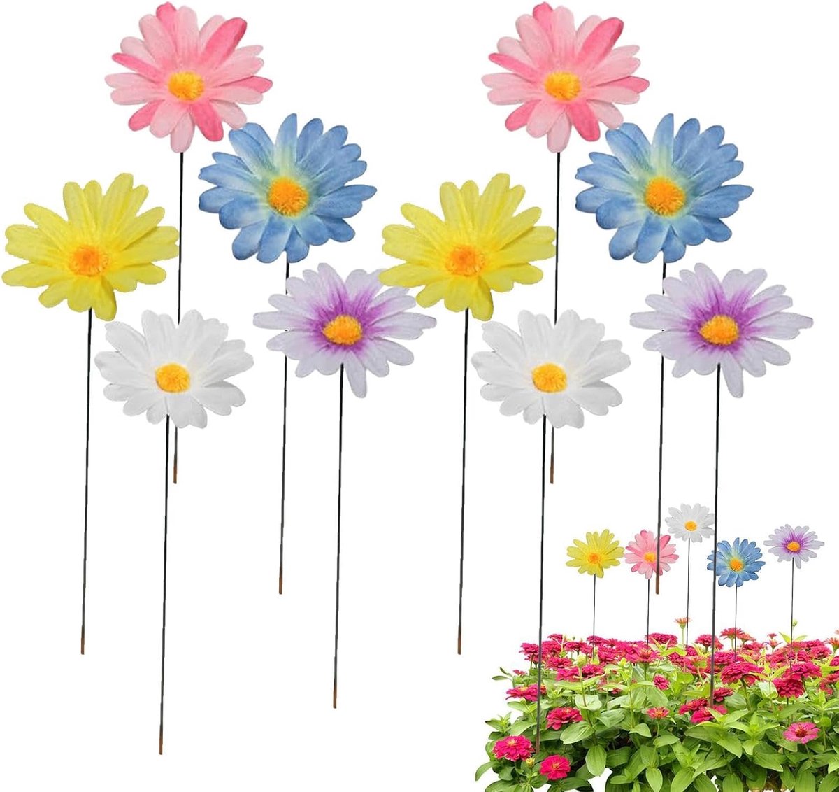 Metalen Madeliefjes Decoratie - Tuinornamenten Bloemen - Tuin Aankleden - Weerbestendig Metaal - 30 cm - Geel en Wit