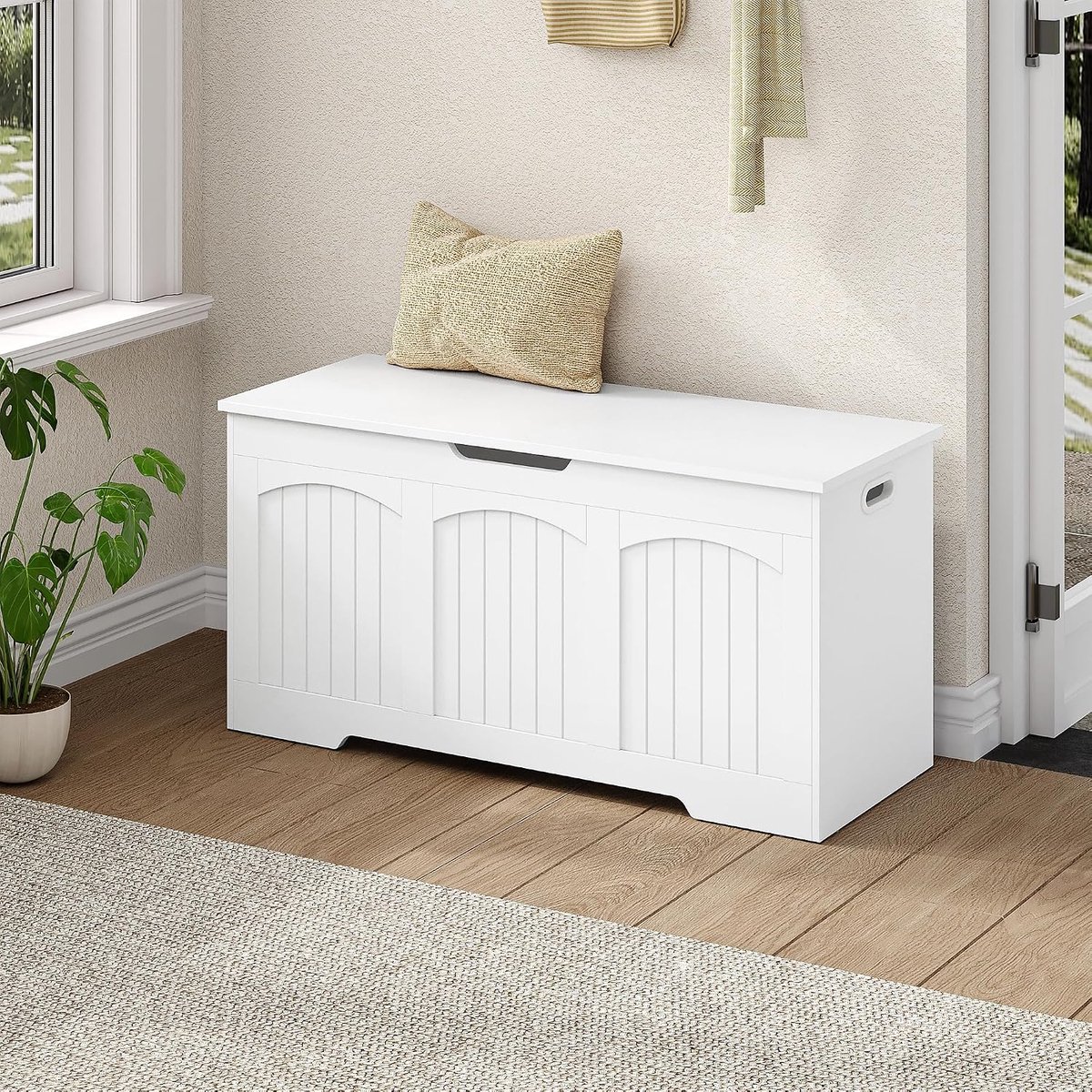 Hzuaneri Opbergkist Houten Opbergbox, 100 x 40 x 48 cm, Wit, Grote Capaciteit, Opbergbank met Veiligheidsscharnieren, Uitgeholde Zijgrepen, Voor Hal, Slaapkamer, Woonkamer