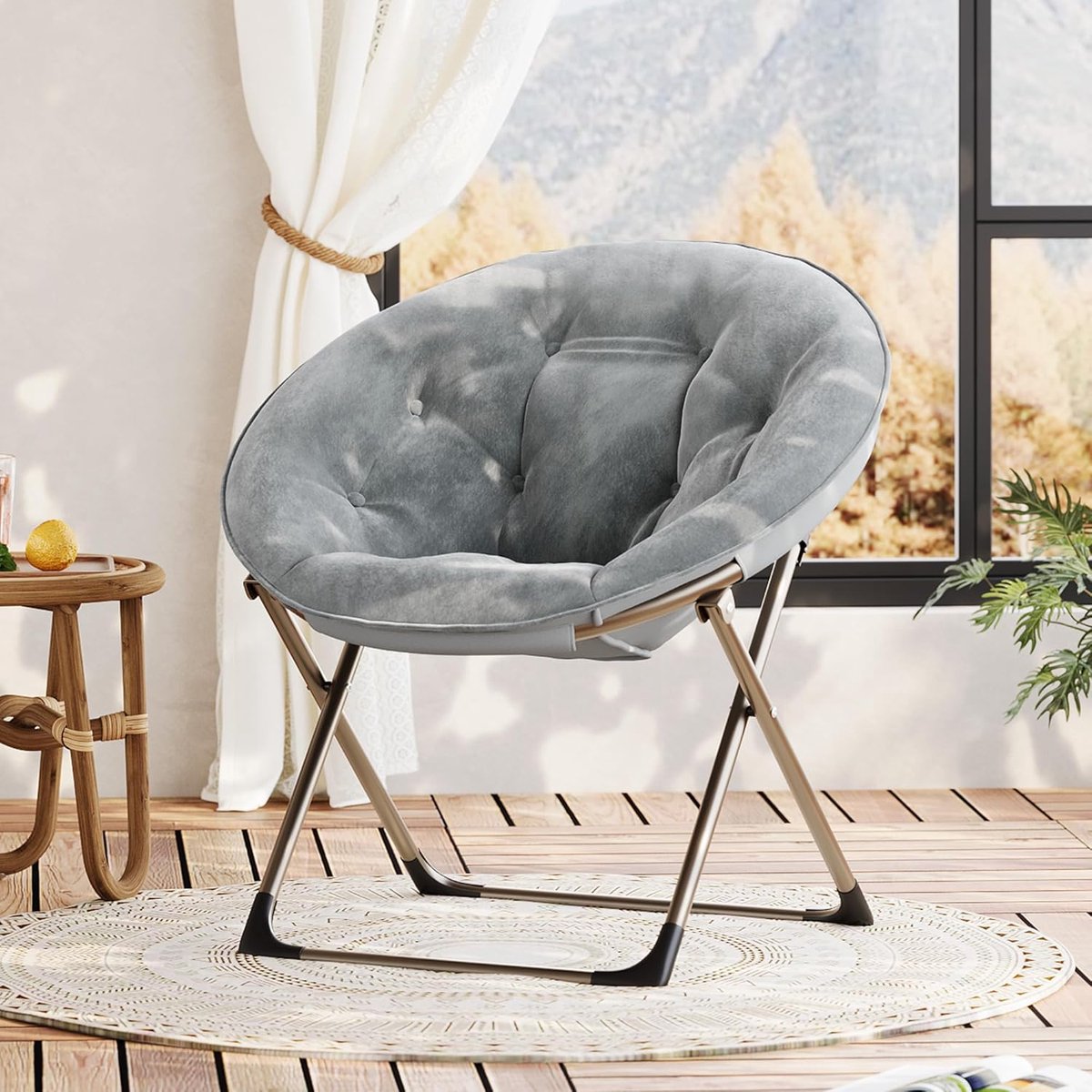 Maanstoel Grijs – Pluche Schotelstoel in Bloemvorm – Comfortabele Inklapbare Relaxstoel van Faux Fur – Zachte Slaapkamer- & Studentenkamerstoel – Belastbaar tot 136 kg – Geen Montage