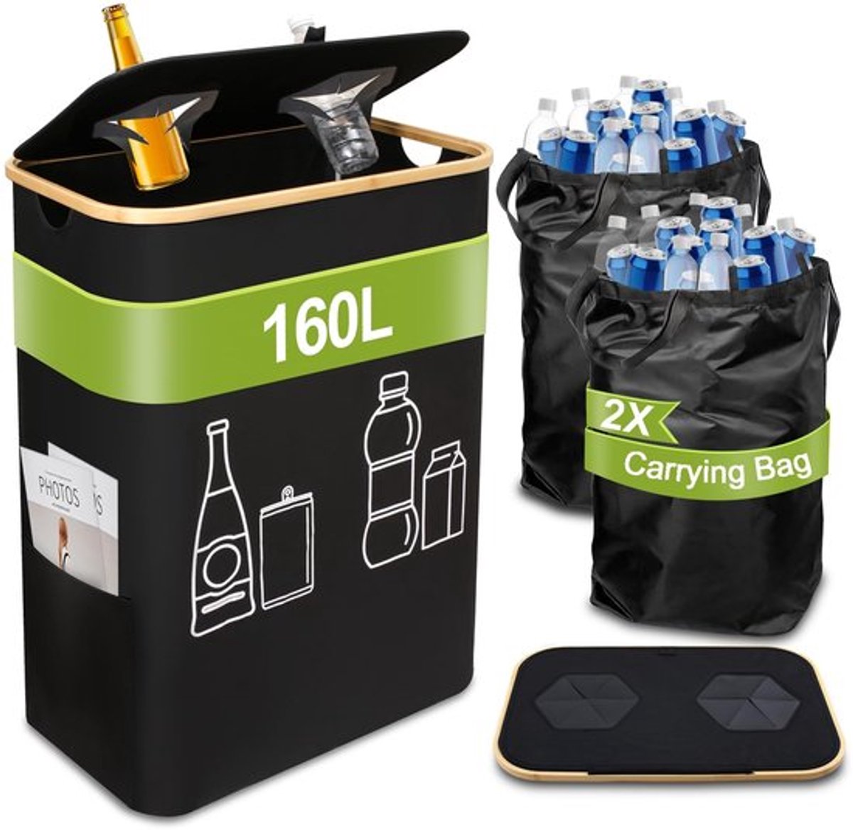Flessenverzamelaar 160 liter - Organizer voor keuken - Houder met deksel - Opvouwbaar - Afneembare draagtassen - Ruimtebesparend - Afvalbak