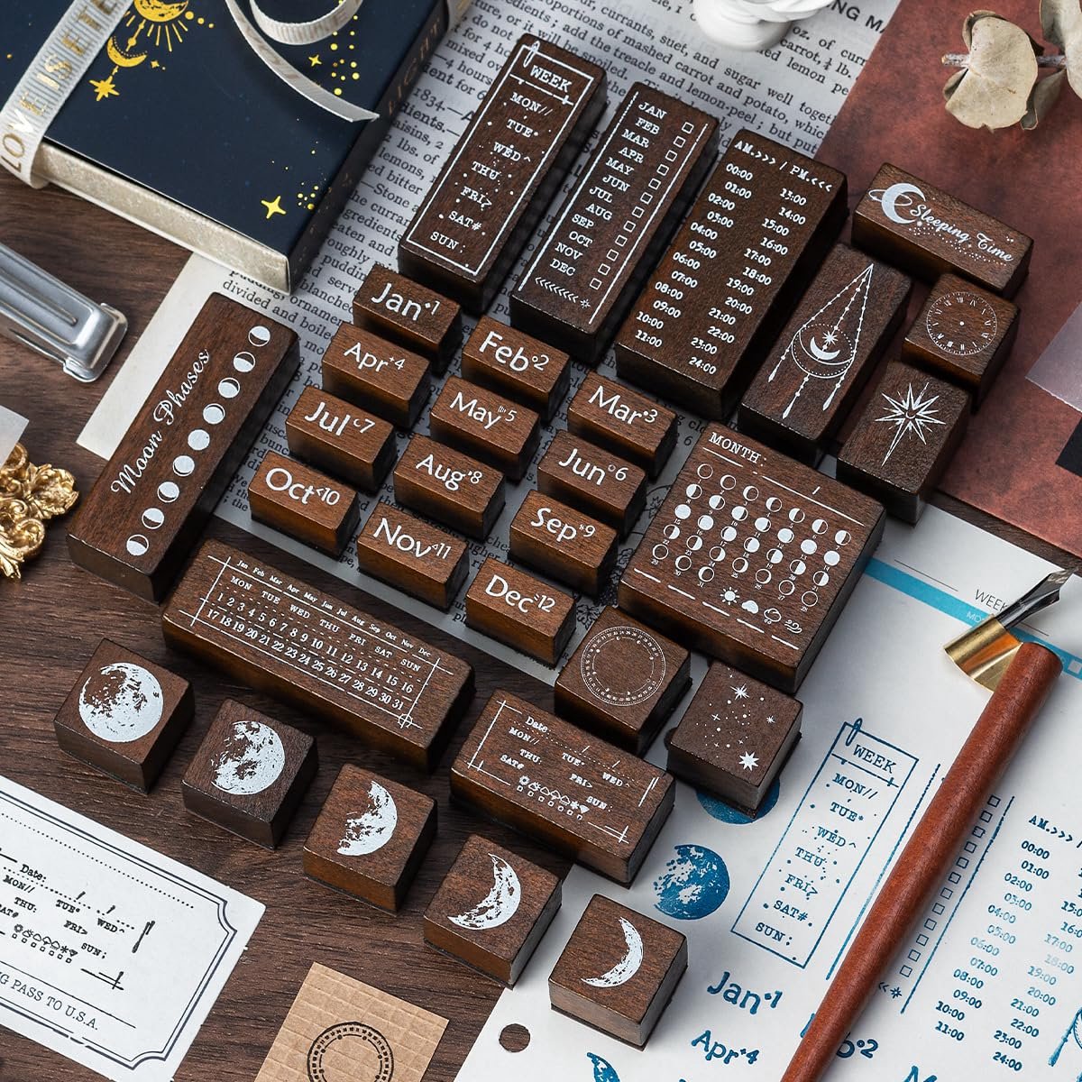 Kalenderstempelset - rubberen kalenderdatumstempels houten voor journaling scrapbooking kaarten maken knutselprojecten emotiestempels