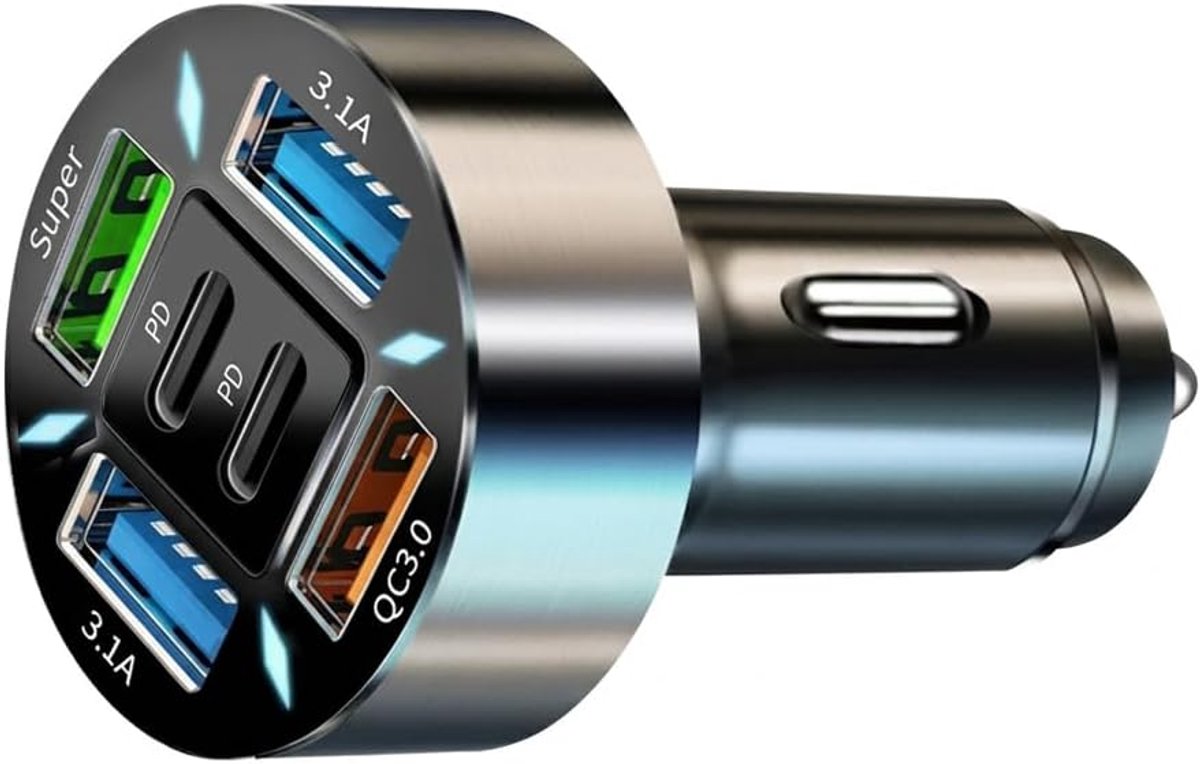 Autolader Sigarettenaansteker 6 Poorten, Auto USB Lader Adapter met 2 USB-C PD, Super Snellaadpoort, QC3.0 en 2 USB-A Poorten, Auto Oplader 12V-24V met LED Spanningsdisplay voor Smartphone Tablet GPS
