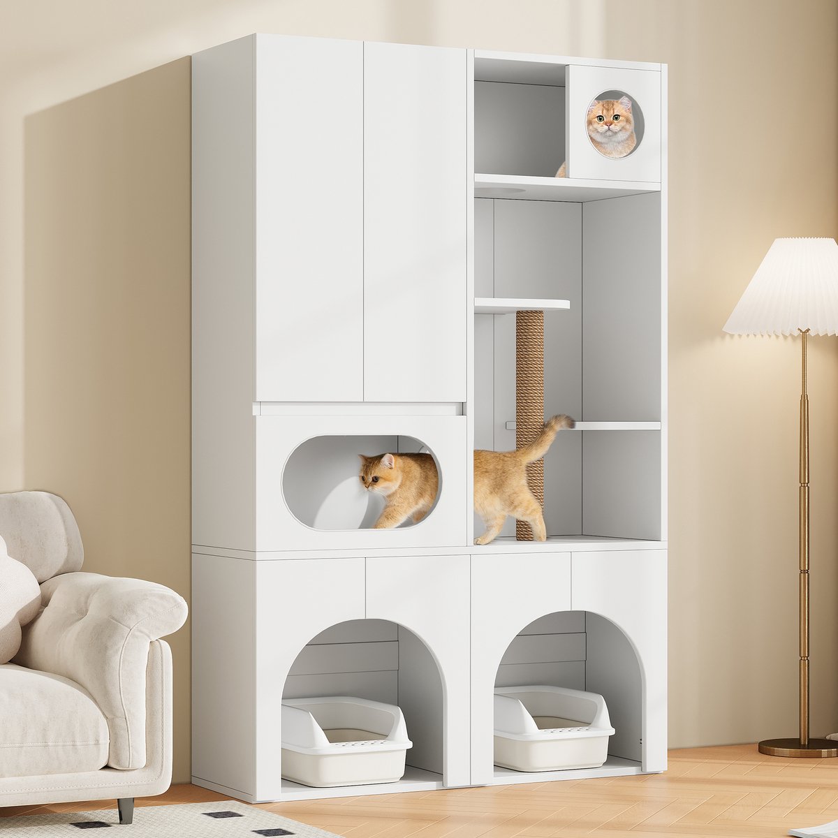 Kattenmeubel 140x195 cm - Kattenbak Kast Voor 2 Bakken - Krabpaal - Wit