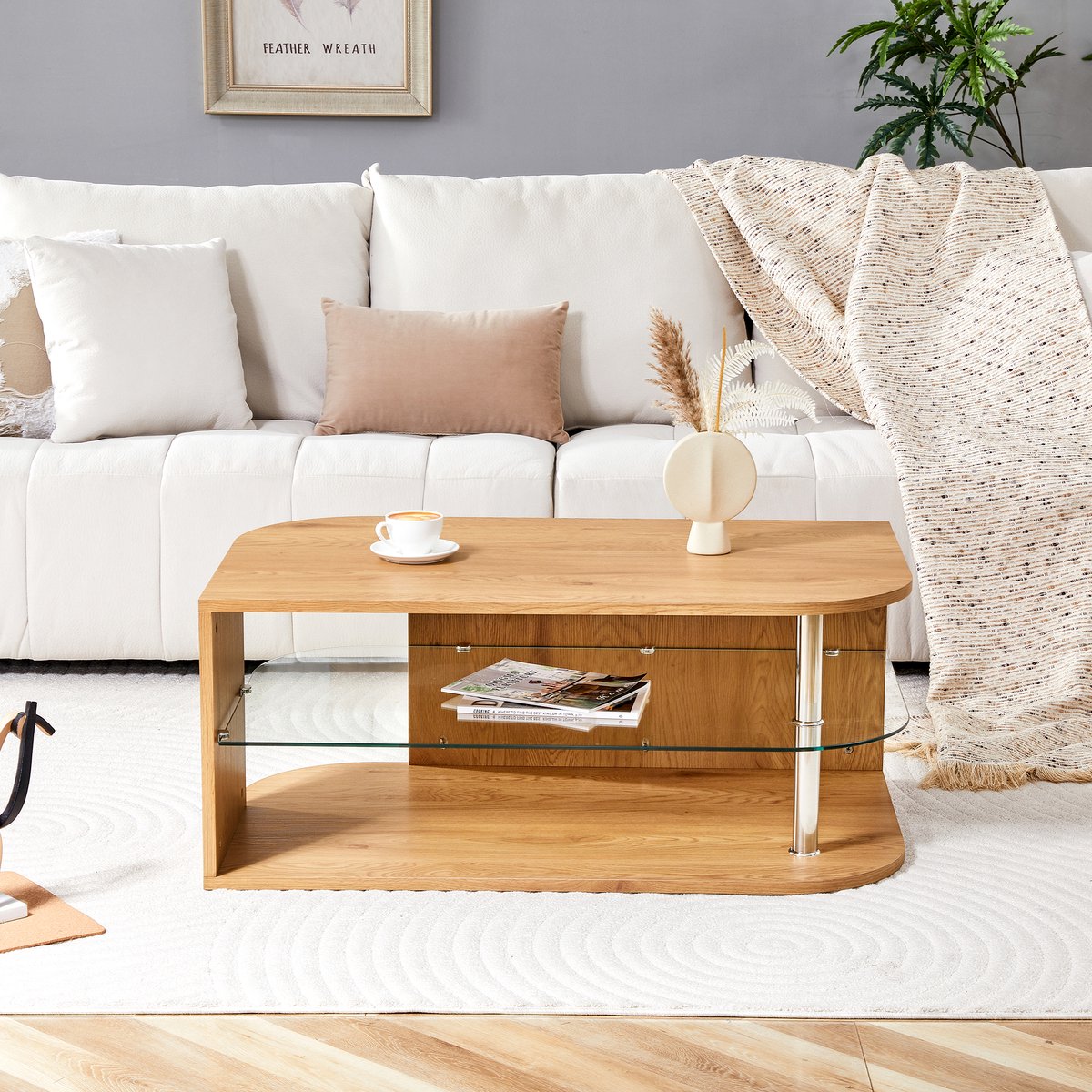 Salontafel - Moderne Koffietafel Met Opbergruimte En Glasplaat - Houtlook Tafel Voor Woonkamer